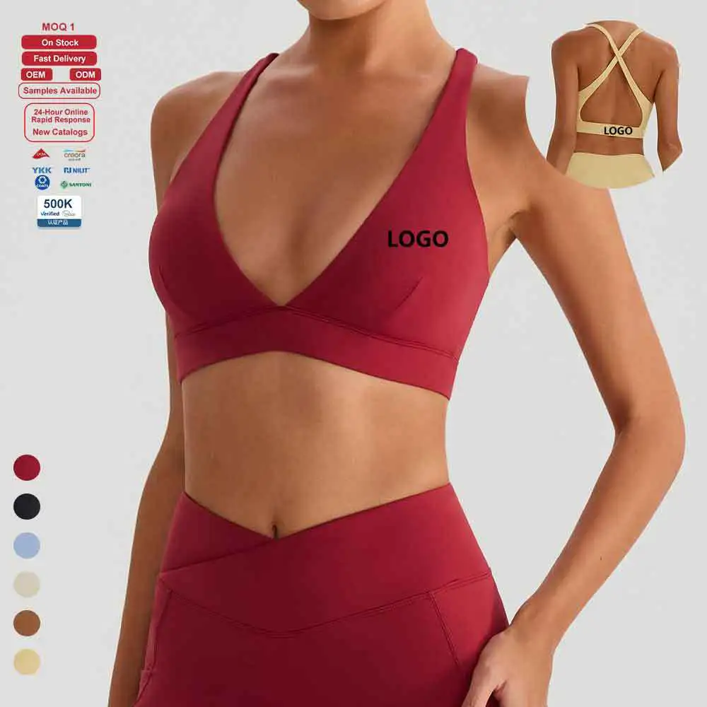 Women Gym Wear Deep V Neck Solid Color Seamed Sports Bra Top Breathable Stretch Activewear OEM ODM Factory Sports Underwear