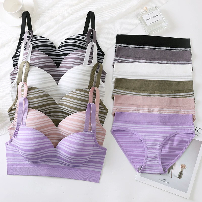 Girls' Sports Bra Set Fixed Cup Adjustable Suspender Stripes Seamless Thong Underwear Three-dimensional Ladies Underwear