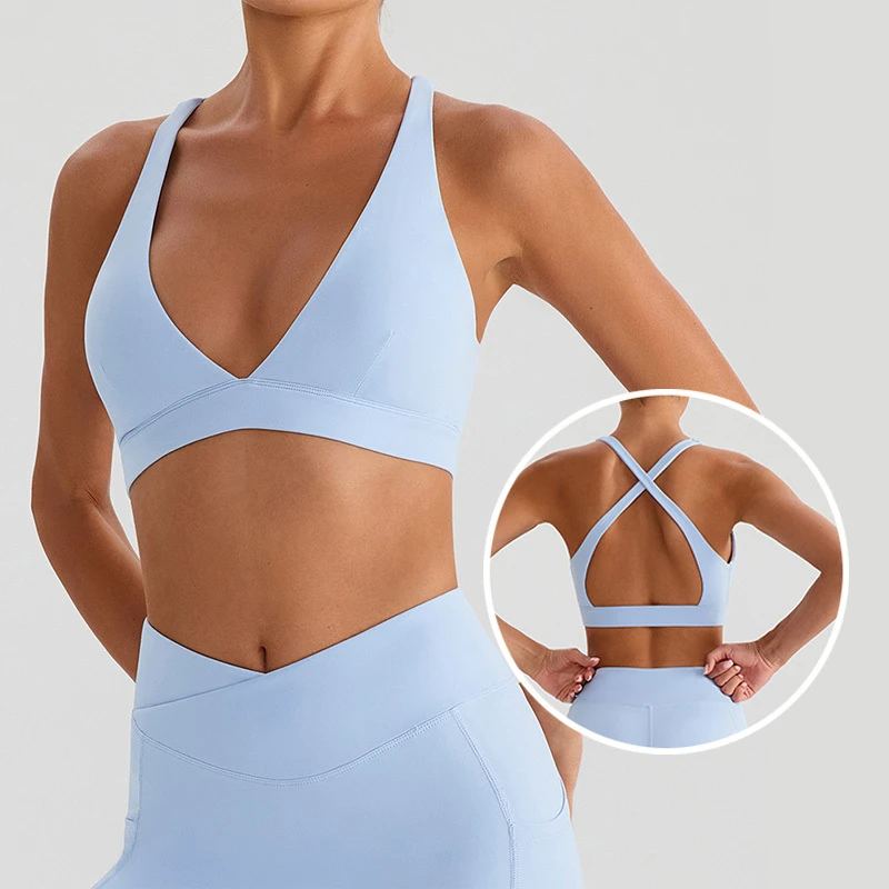 Roregal Quick Drying Deep V Sports Bra Fitness High Strength Breathable Running Top Cross Back Yoga Bra With Chest Pad