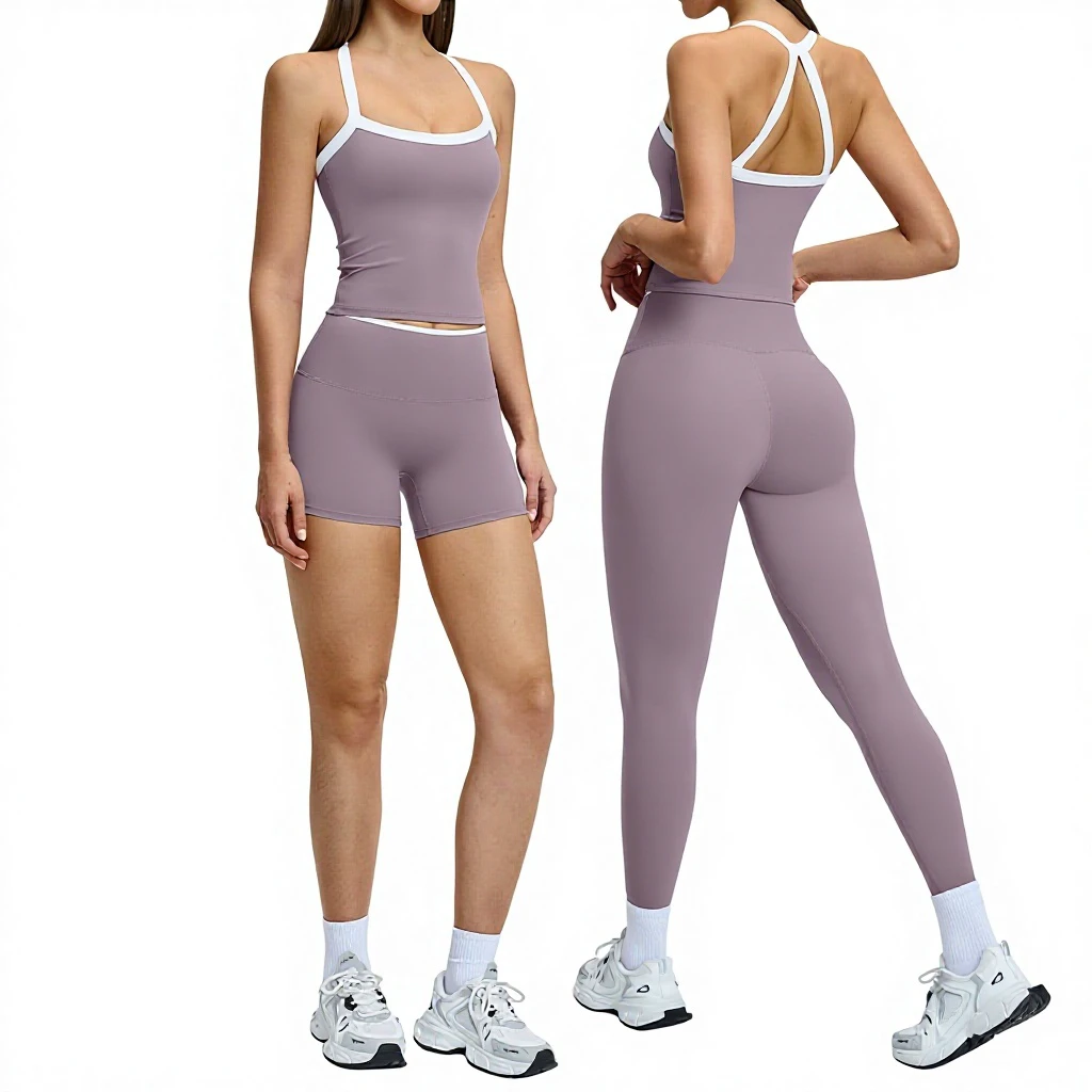 Nude-Feel Sweat-Wicking Wrinkle-Resistant Yoga Set Contrasting Colors Cross-Back Design Tight-Fitting 2-Piece Spandex/Nylon