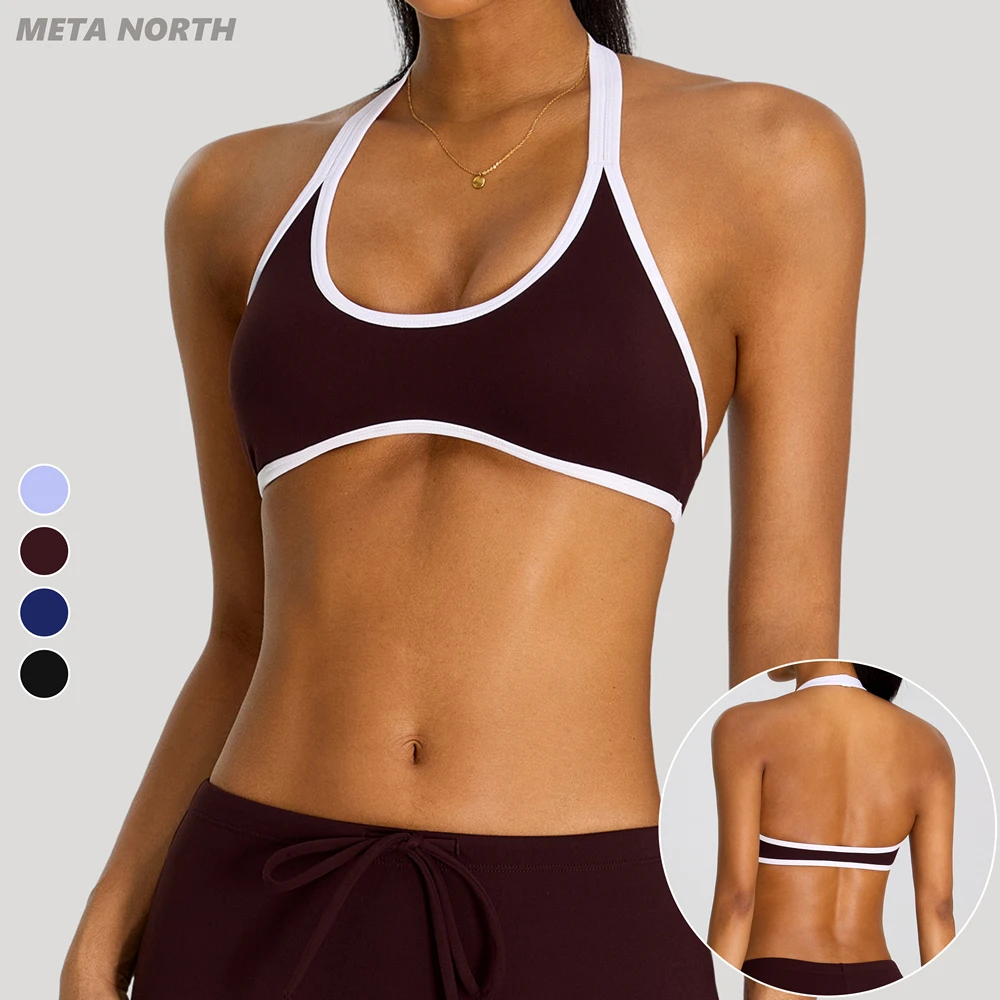 Deep U Neck Hollow Back Fashion Halter Sport Bra Removable Pads Mid Support Backless Breathable Quick Dry Yoga Studio Gym Bra