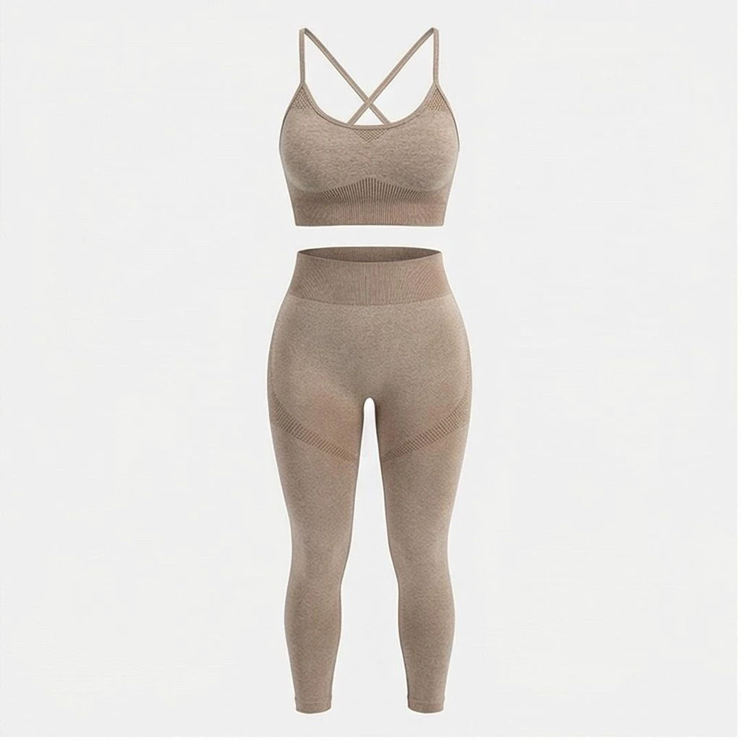 2 Piece Yoga Set High Waist Leggings Crisscross Strap Crop Top Solid Beige Breathable Seamless Sportswear