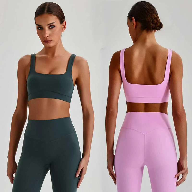 High Stretch Square Neck Sports Bra for Women Quick Dry Yoga Tank Top with U Back Support for Fitness & Workout
