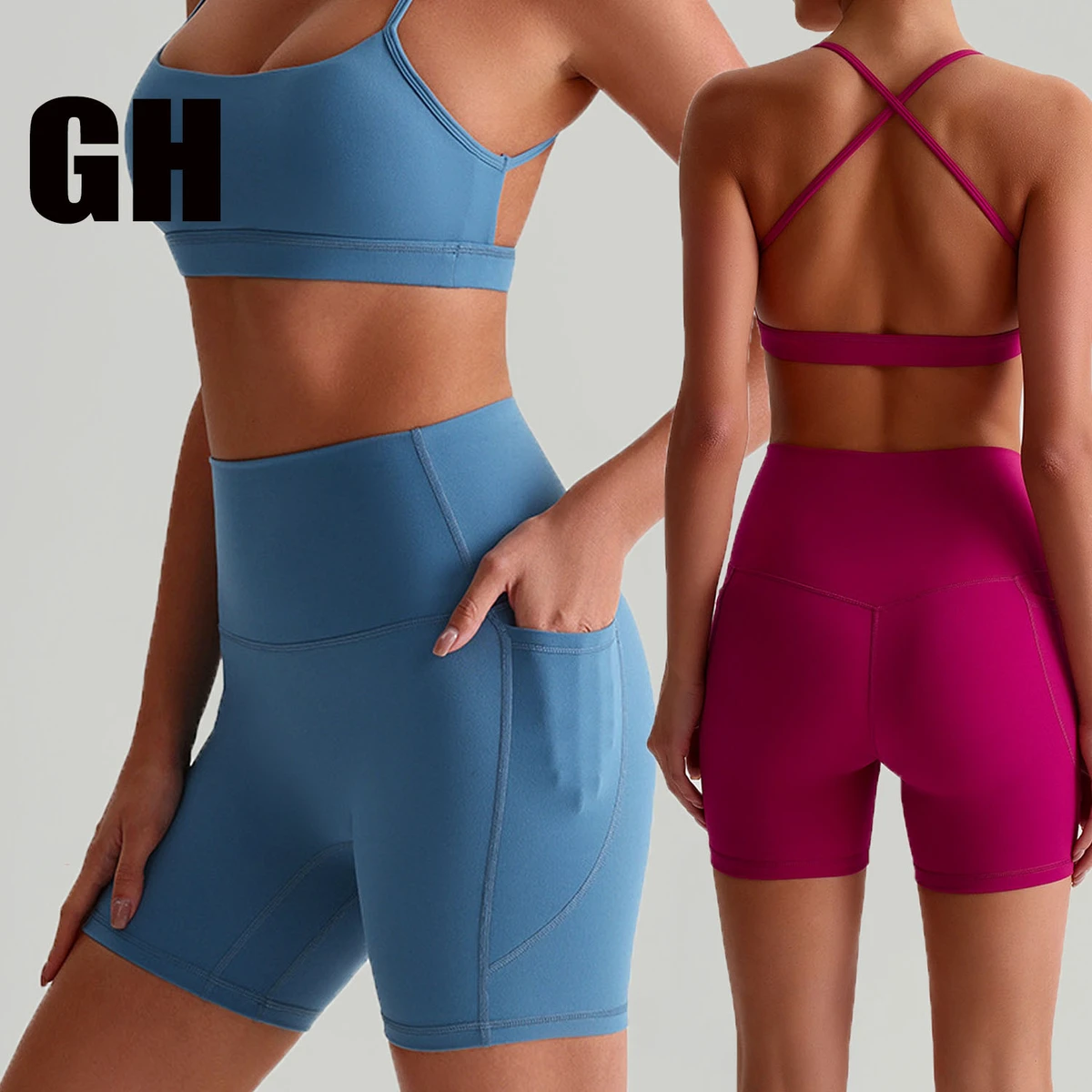 GH Tummy Control Women's Biker Shorts High Waist Yoga Pants Workout Athletic Gym Running Shorts with Side Pockets