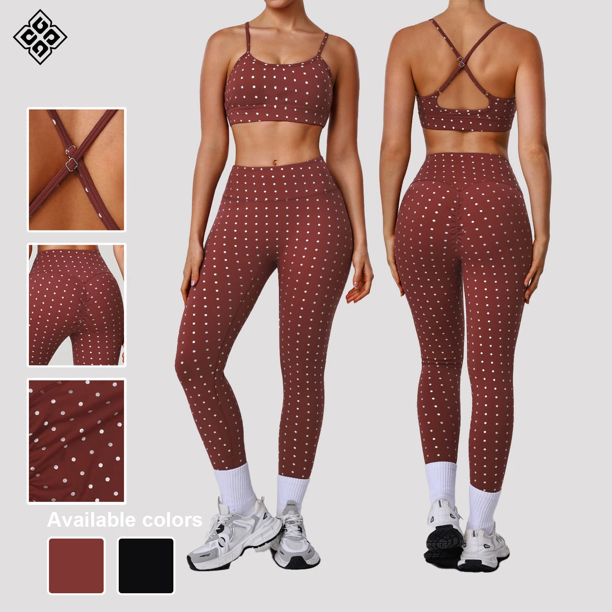 New Active Clothing Silver Polka Dot Yoga Outfit Set High-elastic Leggings Push-up Sports Bra Fitness Wear