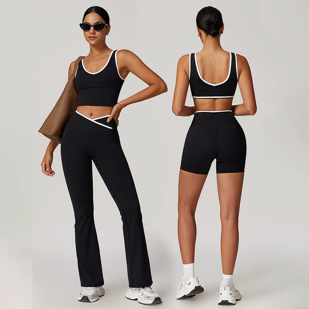 Women's 2 or 3 Piece Flare Yoga Pants Set Matching Workout Outfits V Waist Legging Bra Shorts Clothing Gym Active Wear Set Woman
