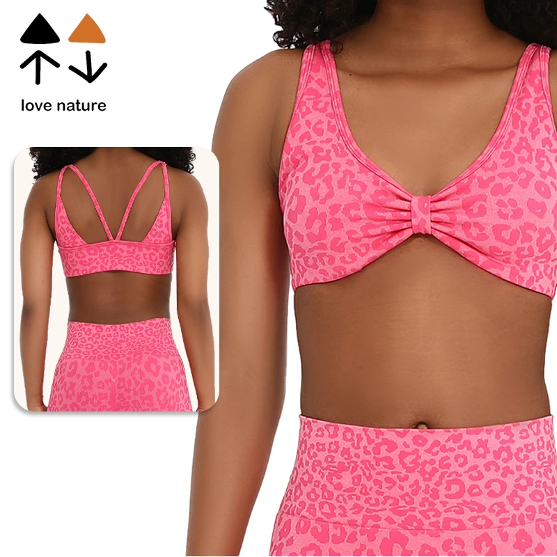 Wholesale Women's Leopard Print Push up Fixed Breathable Double Shoulder Straps Sports Top Outdoor Running Fitness Yoga Bra