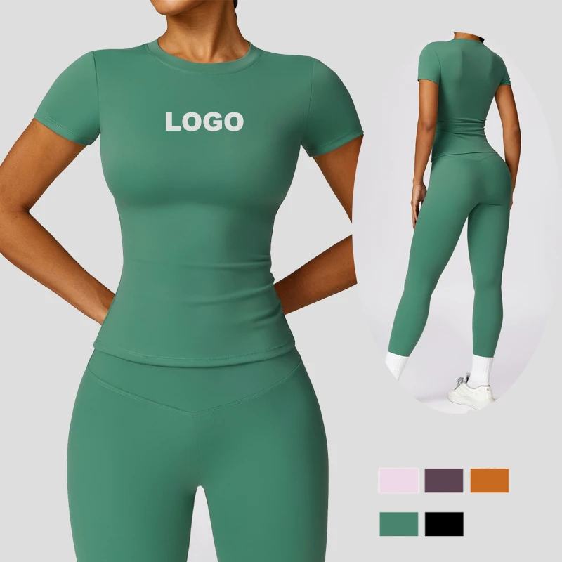 New Arrivals Women Activewear Short Sleeve Running Shirt Top High Waist Leggings Fitness Workout Yoga Set for Athletic Gym