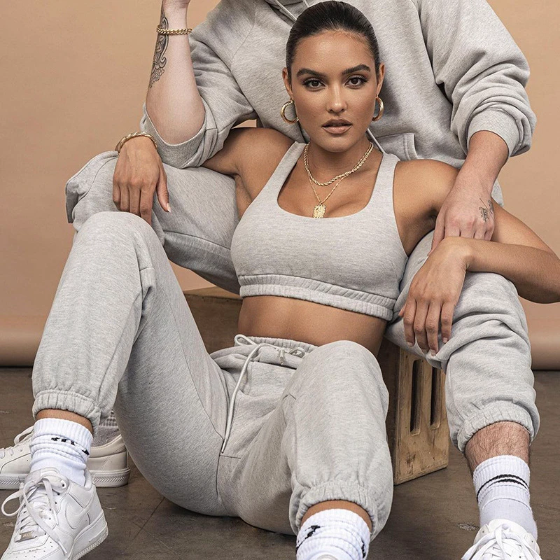 Custom Logo Streetwear Casual Sport Women Bra Tracksuit Joggers Pants Sweatshirt Hoodie Set