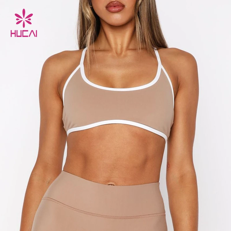 HUCAI Custom Nylon Scoop Neckline Removable Padding Contrast Color Stripes Cross Back Adjustable Yoga Gym Sports Bra Women