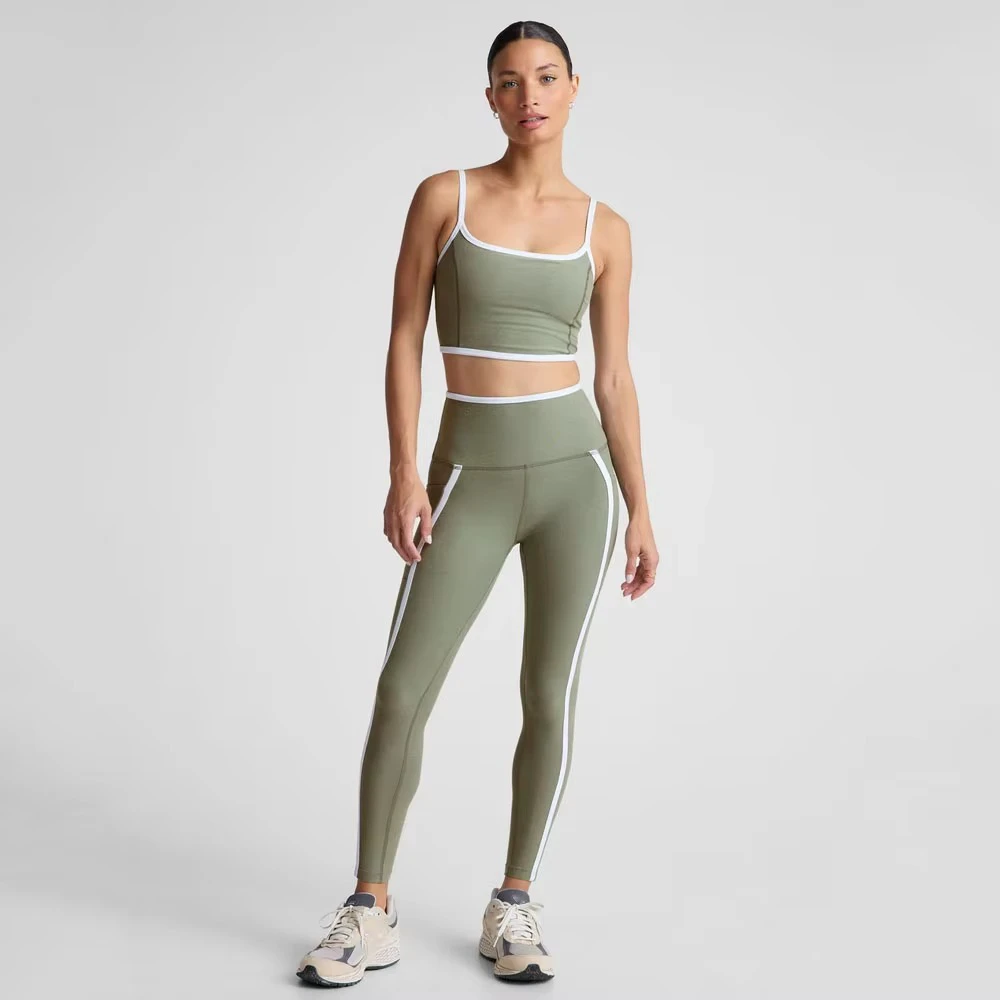 Wholesale Grey Sage OEM Women's Plus Size 2 Piece Set New Moves High Waisted Midi Leggings Washed Contrast Binding Waistband