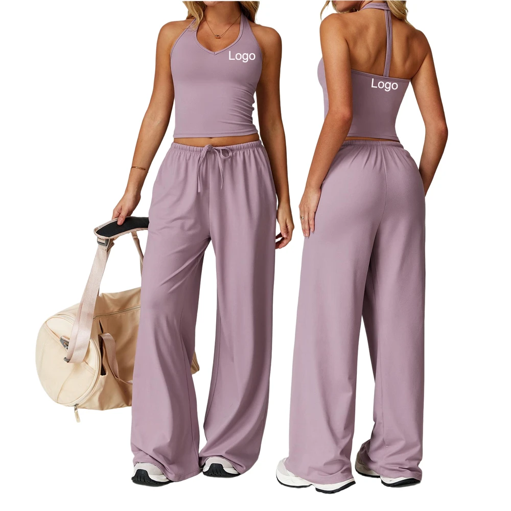 Custom Solid Front Logo High Waist Active Wear Sportswear Gym Wide Leg Pants & Matching Sports Vest Yoga Set for Women Quick Dry