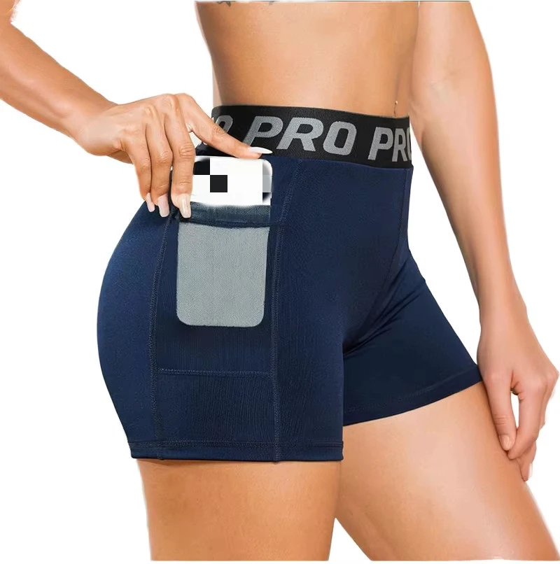 High-waisted Stretch Webbing Yoga Shorts with Mesh Pockets and a Three-piece Mesh Fabric, Perfect for Fitness Activities.