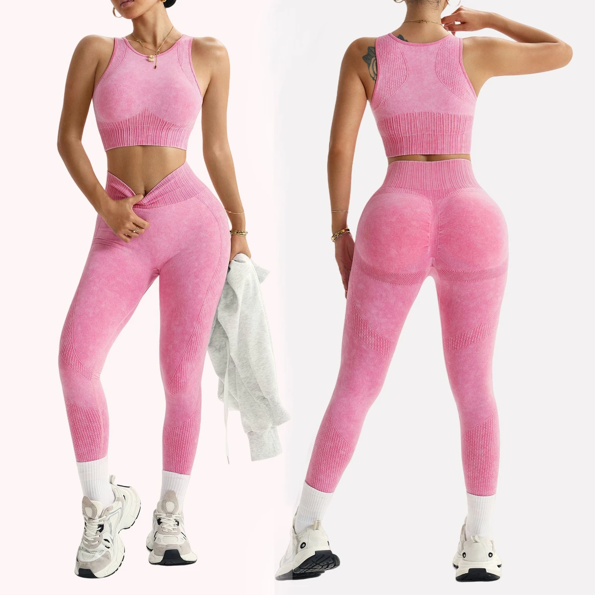 High-Waisted Seamless Yoga Set Scrunch Back Sports Bra & Booty Lifting Tummy Control Leggings Shorts Breathable Solid Pattern