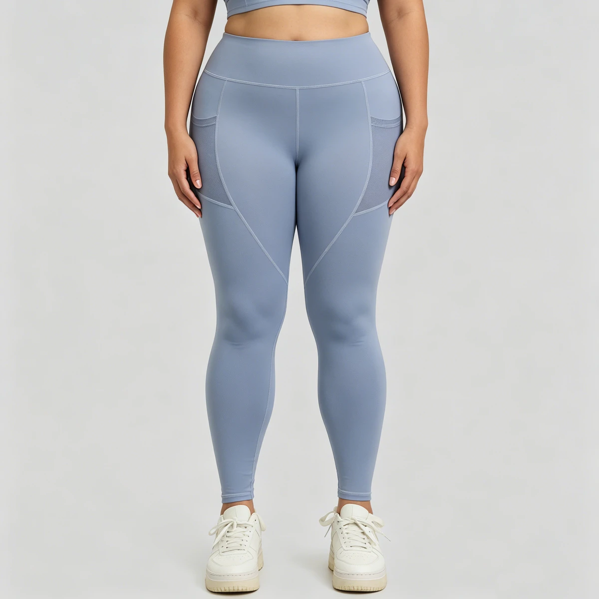 Women Plus Size Dusty Blue High Waisted Yoga Leggings with Side Mesh Pocket Panel Tummy Control