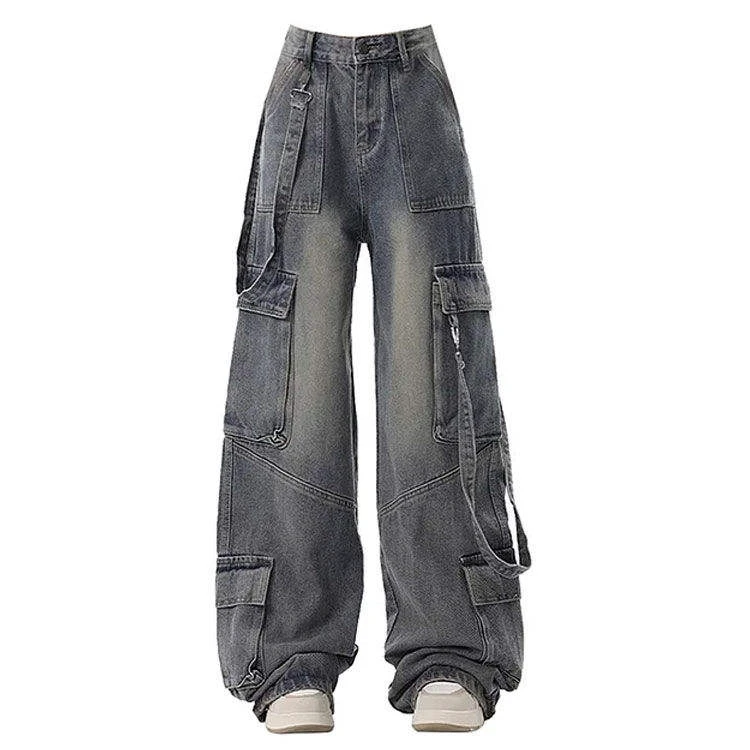 Women's High Waist Wide Leg Baggy Gray Denim Jeans Casual Vintage Breathable Eco-Friendly Full Length Streetwear Distressed Bow