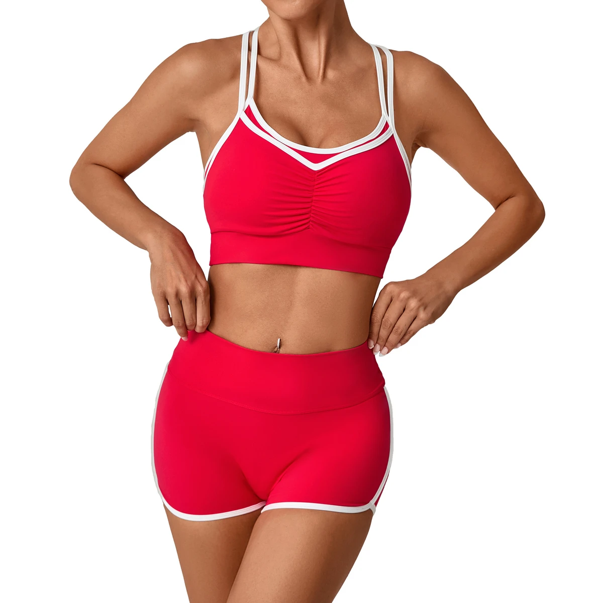Yoga 2-Piece Crop Top Shorts Set Seamless Shockproof Four-Way Stretch Spandex/Nylon Quick Dry Crisscross Straps High-Waisted