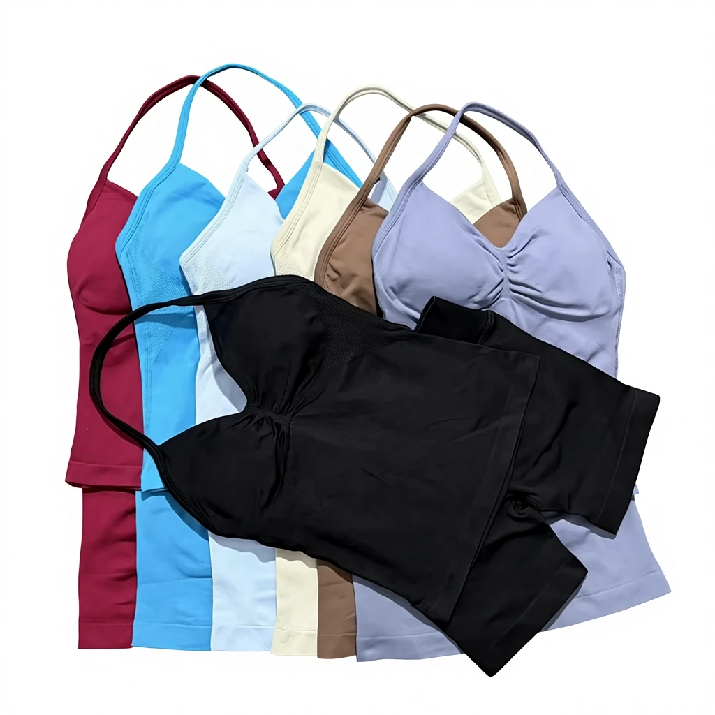 Yoga 2-Piece Women's Backless Halter Top & High Waist Seamless Shorts Solid for Gym Set Fitness Sports Bra Sportswear