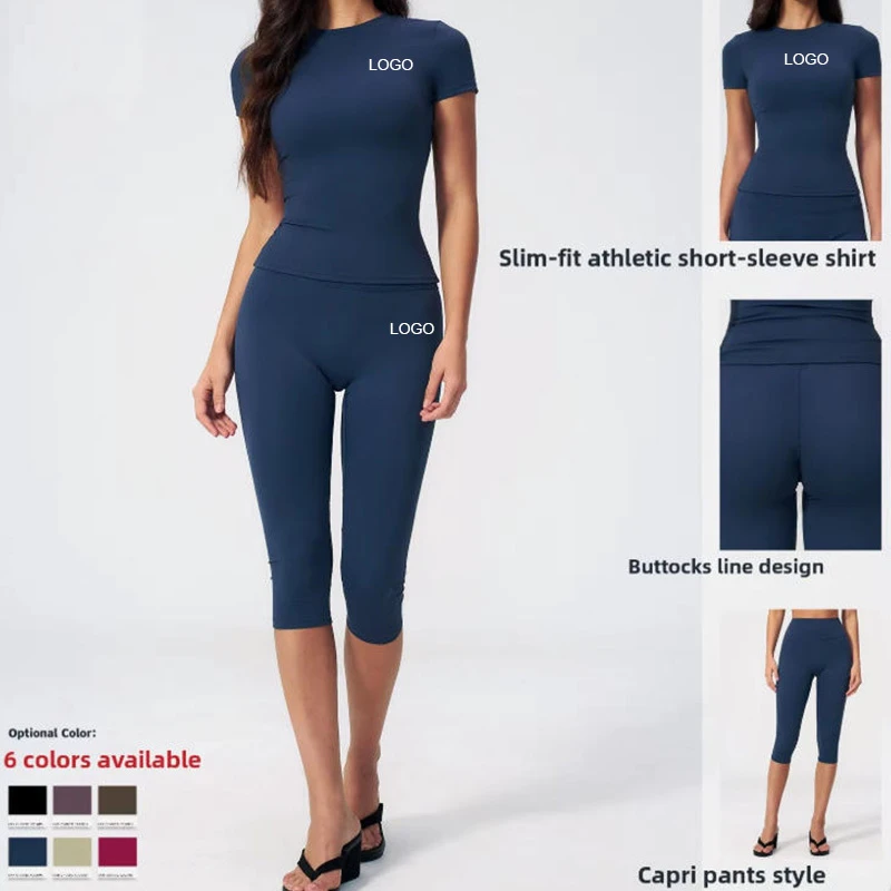 Cross-border Breathable Tight Yoga Suit Body-shaping High Waist Quick-drying Fitness All-match Half Front Cropped Pants Solid