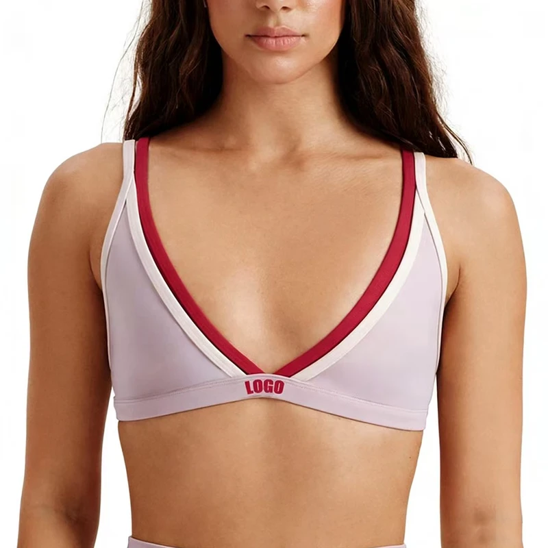 Contrast Binding V-Neck Light Support Breathable Bra Customized logo Sports Crop Top Beautiful Fitness Workout Tops Women