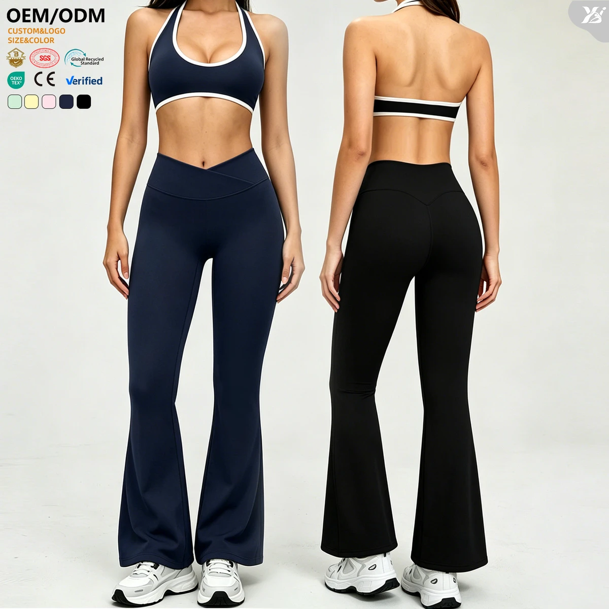 AWX6001+ACK6001-1 Factory Supply Custom Fitness Set Butt-lifting Flare Pants Halter Bra Gym Set Women Workout Yoga Outfits