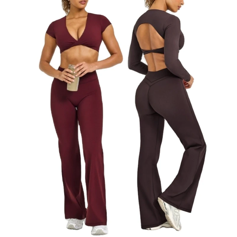 Aoyema Fitness Backless Sports Top Flared Pants Solid 2 Piece Breathable Elastic Thick Fabric Women Long Short Sleeve Yoga Suit