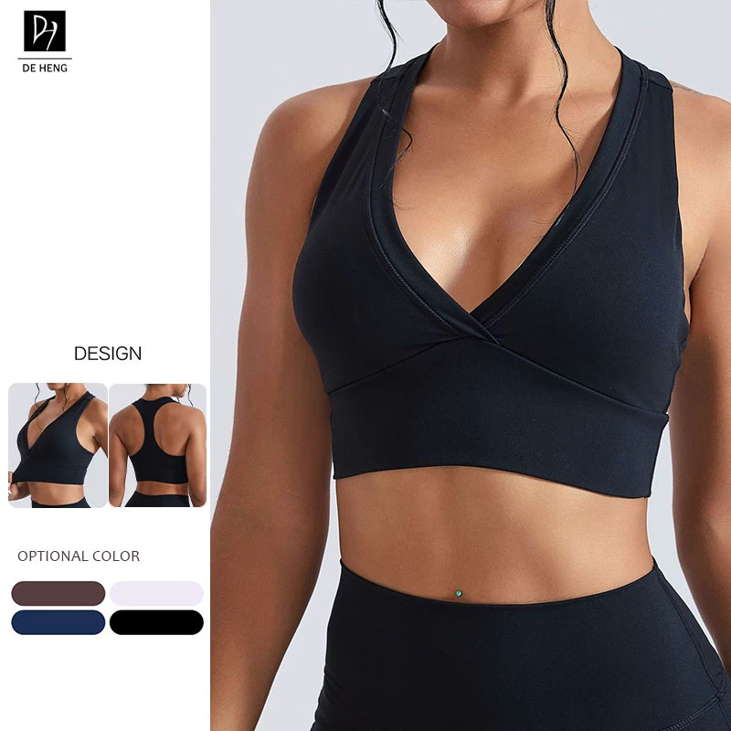 Custom Logo Women's v Neck Breathable Lightweight Gym Workout Fitness High Support Yoga Sports Bra Active Tank Top