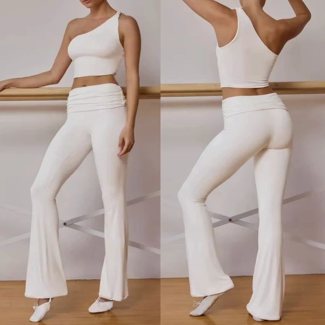 Custom Women 2 Piece Yoga Set One Shoulder Crop Top High Waist Ruched Flare Pants Activewear Gym Workout Fitness Suits