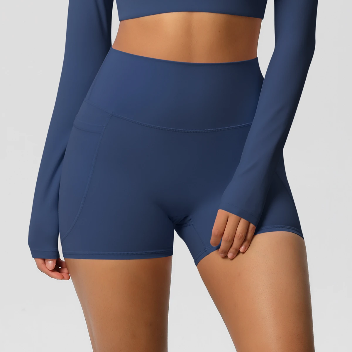 Women High Waist Eco Heat Transfer Printed Yoga Set Side Pockets Tummy Control Workout Biker Shorts