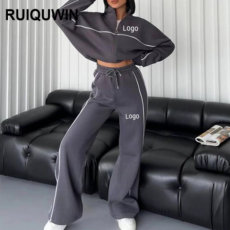 RUIQUWIN New Women's Sportswear Set Stand Collar Zip up Long Sleeve Casual Striped Straight Leg Pants Autumn Activewear Outfit