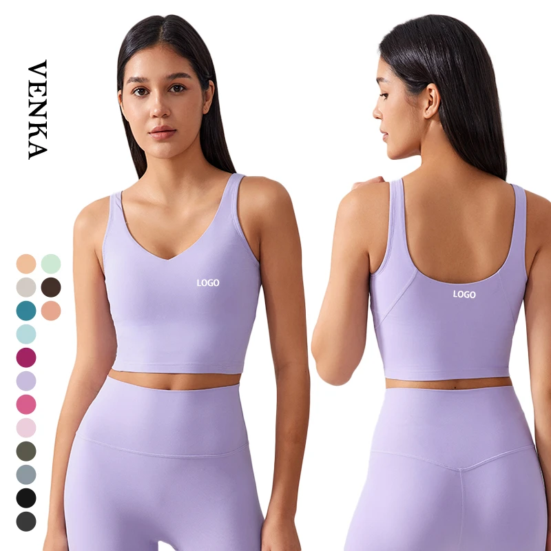 Custom Logo Women V Neck Sports Shockproof Bra Tank Top Beautiful U Back Crop Top Fixed Pad Design Fitness Yoga Bra for Ladies