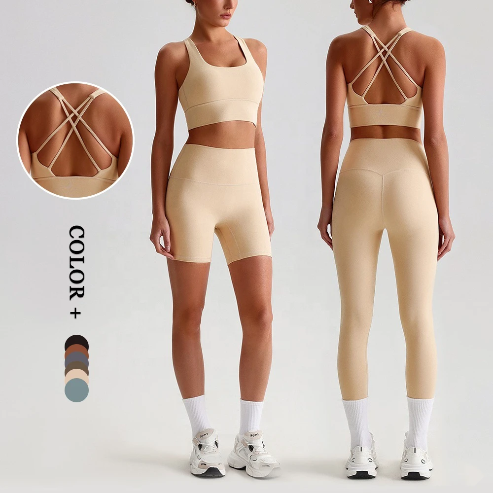 Butter Fabric 2 Piece High Cross-back High Support Scoop Neck Detachable Padded Bra High Waist Shorts Legging Fast Dry Yoga Sets