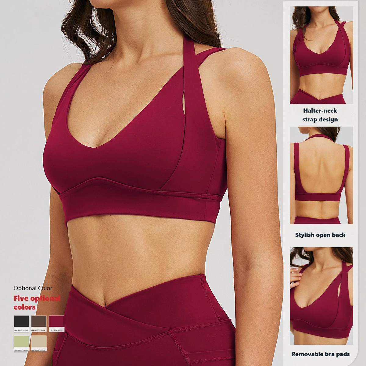 XW-EWX2539 Women's Halter Neck Sports Bra Quick-Drying Moisture Wicking High Support Open Back Yoga Bra for Gym Fitness