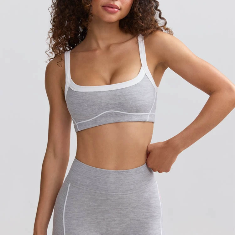 Women's Fashion Cotton Sports Bra Custom Logo Contrast Color Piping Quick Dry Breathable Crop Top Seamless No Pads Simple for