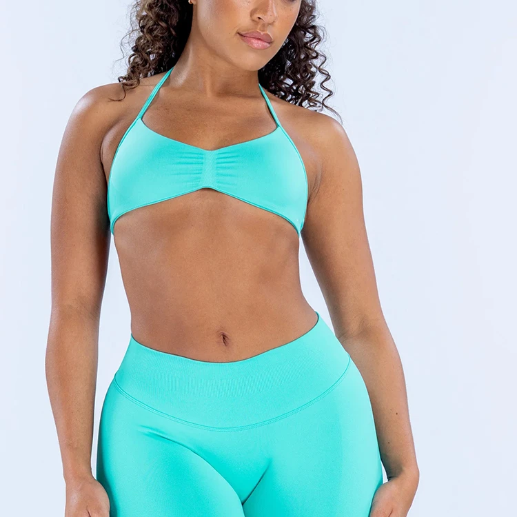 Customizable Women Solid Seamless Thin Halter Straps Sports Bra Ruched Front Buttery Soft Stretchy Light Support Yoga Gym Vest