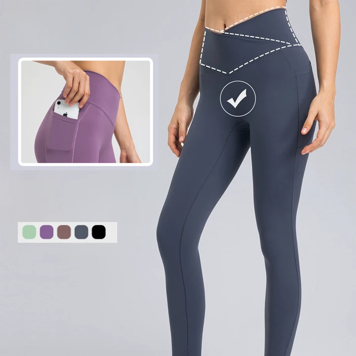 Wholesale Custom High Elastic Waist 2 Side Pocket Design Solid Full Length Women Yoga Leggings No Camel Toe Tummy Control