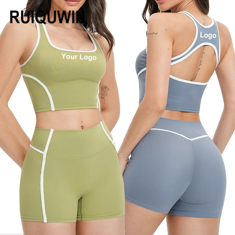 RUIQUWIN Hot Selling Women's Quick-Dry Breathable Yoga Set High Waisted Gym Running Shorts Fitness Yoga Top Stripes Sportswear