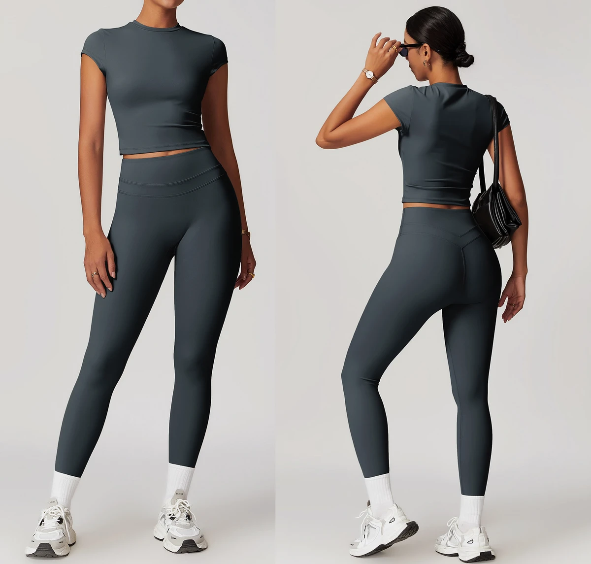 Women Jogging Wear Crop Top and Legging 2 Pieces Sports Set Crew Neck Short Sleeves High Rise Shape Fitness Impact Gym Yoga Sets