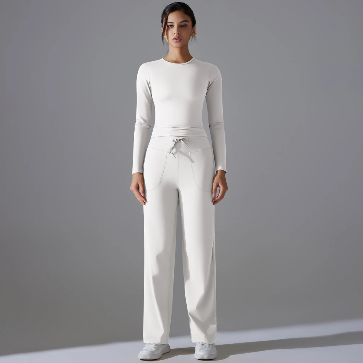 Double Sided Breathable Long Sleeve Wide Leg Sports Fitness Two Piece Front Suit Yoga Suit