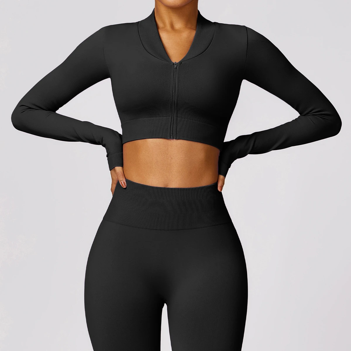 Premium Womens Yoga Workout Activewear Set Zipper Jacket And High Waist Leggings Two Piece
