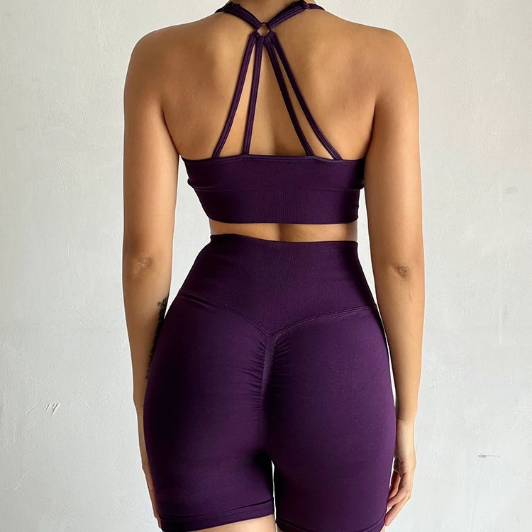 2 Piece Yoga Shorts Sets Gym Sports Set Women Workout Outfit Fitness Suit Cross Straps Bra High Waist Shorts Running Tracksuit