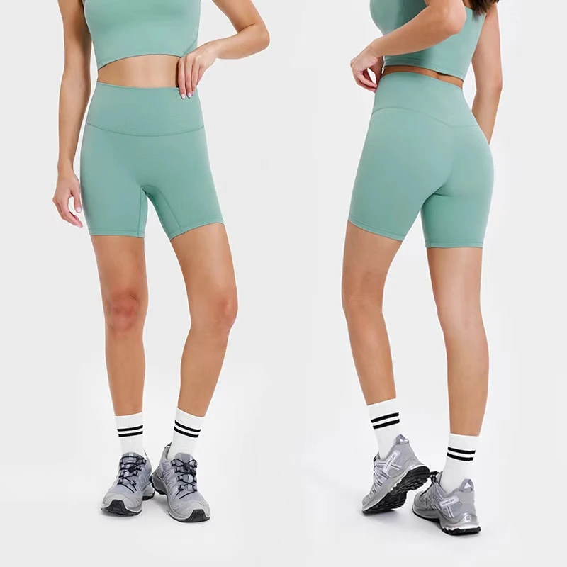 Factory Wholesale Custom Nude Soft Yoga Shorts High Waist Tummy Control Side Pocket Workout Bike Shorts