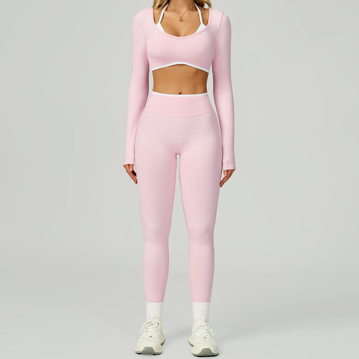 Cross-border Seamless Solid Breathable Sweat-Wicking Yoga Suit Hollow Beauty Back High Waist Elastic Waist Square Neck Set