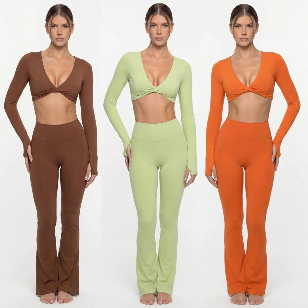 Ladies Pilates Yoga Clothes Suit Long Sleeves Twist Crop Top & High Waist Flare Pants Gym Fitness Active Wear Set