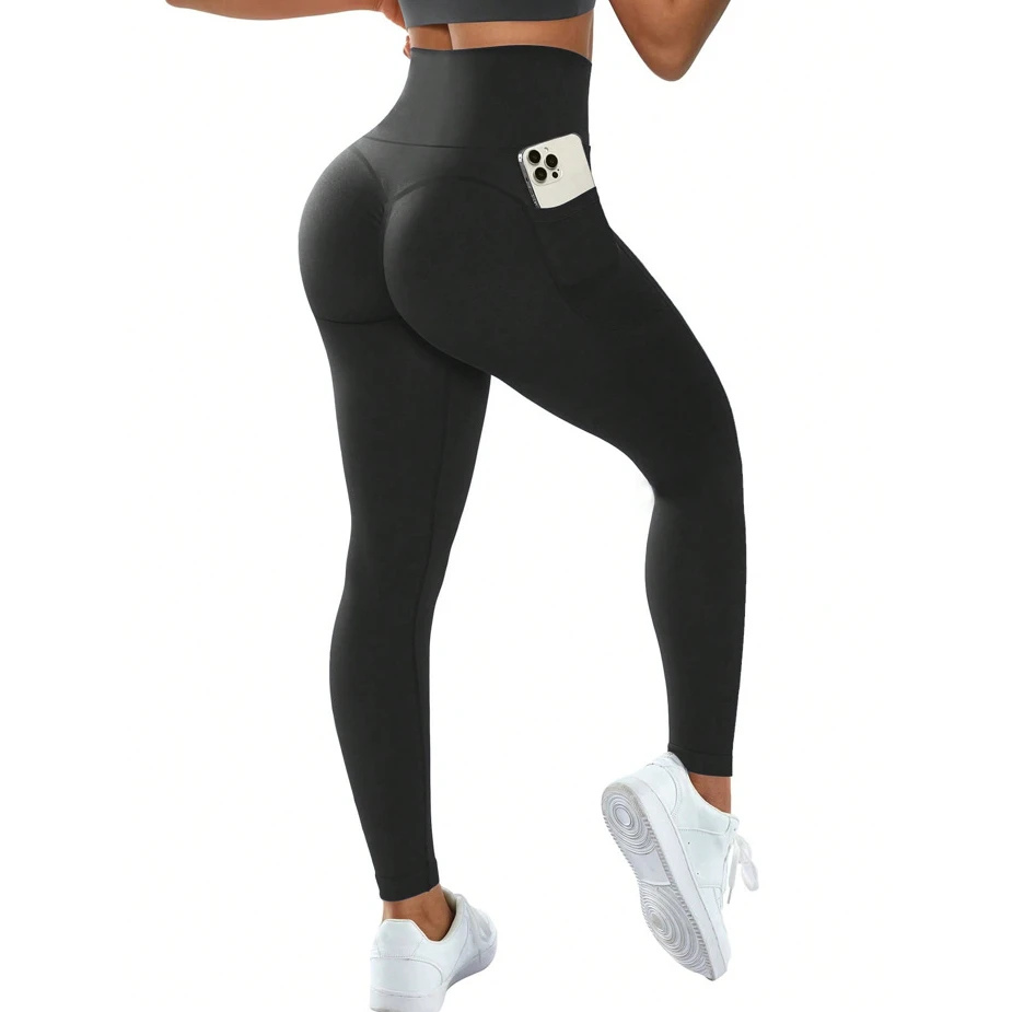Women's High Waist Seamless Yoga Pants Side Pockets Butt Lift Slim Fit Four-Way Stretch Quick Dry Calf-Length Workout Pants
