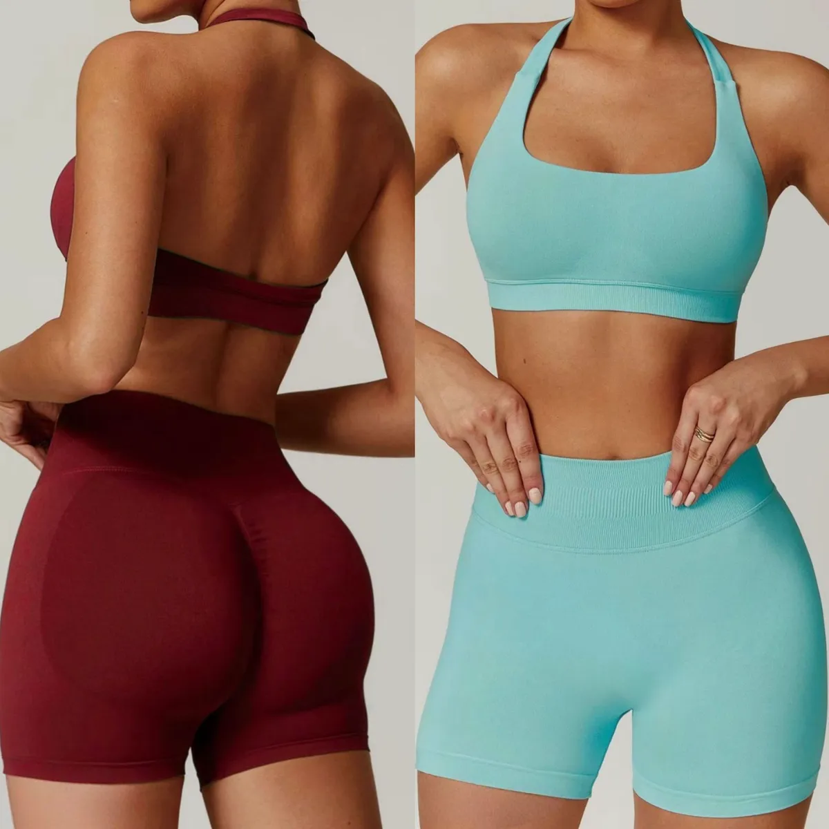 Women's 2-Piece Breathable Wrinkle-Resistant Halter Neck High-Waisted Yoga Set Shorts Spandex/Nylon Solid Pattern No Needle