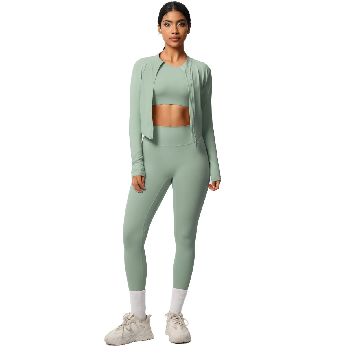 Custom Logo Women Seamless Yoga Wear 3 Piece Gym Set High Elastic Sports Bra Leggings Crop Jacket