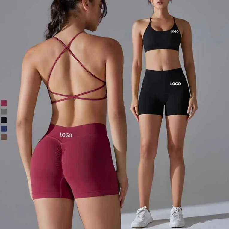 Wholesale High Waist 2 Piece Gym Shorts Scrunch Butt Yoga Backless Sports Bra Fitness Workout Sets for Women