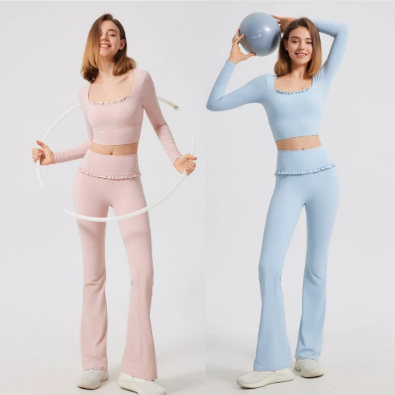 Aoyema Custom Gym Clothing Skin Friendly Crop Top High Elastic Hip Lace Ballet Dance Soft Breathable Yoga Pants Two Piece Set