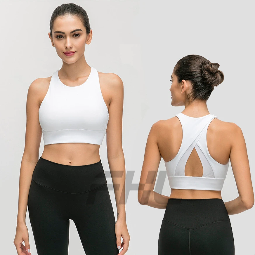 Lulu Solid Color Pull up Round Neck Triangle Hollow Beautify Back Shockproof Gathering with Breast Pad Fitness Yoga Bra